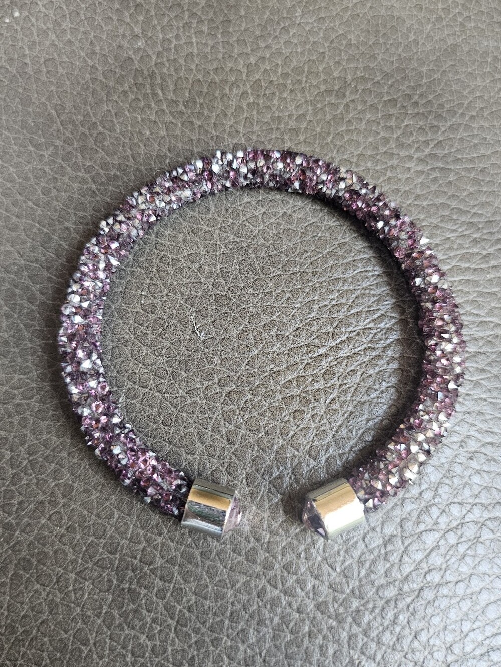 Sparkly Purple Crystal Rhinestone Open Cuff Bangle Bracelet, Silver Ends
